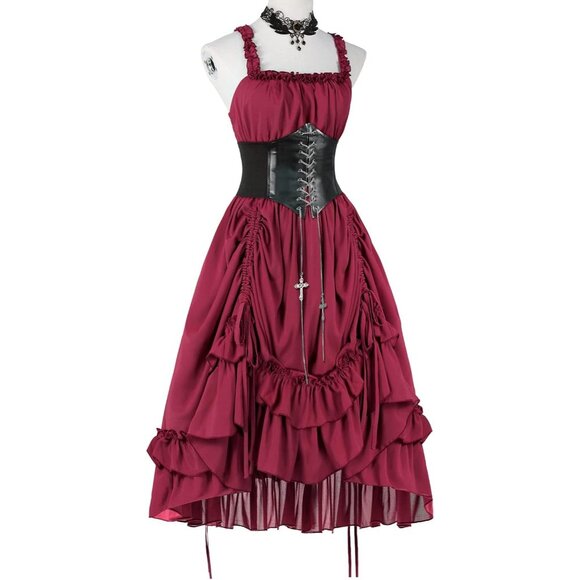 Women's Steampunk Victoria Cosplay Dress Solid Color Suspender Long Dress - Picture 2 of 6